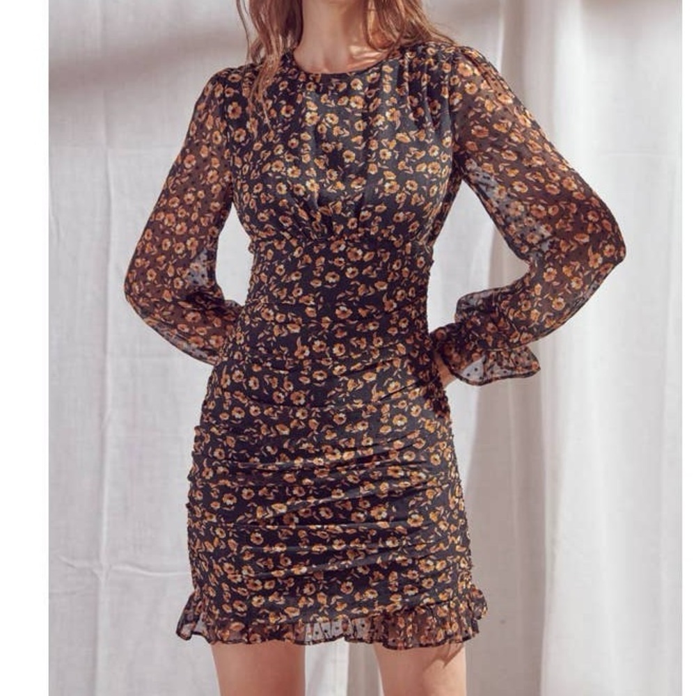 Storia Black Floral Cottagecore Long Sheer Sleeve Ruched Mini Dress Size Small